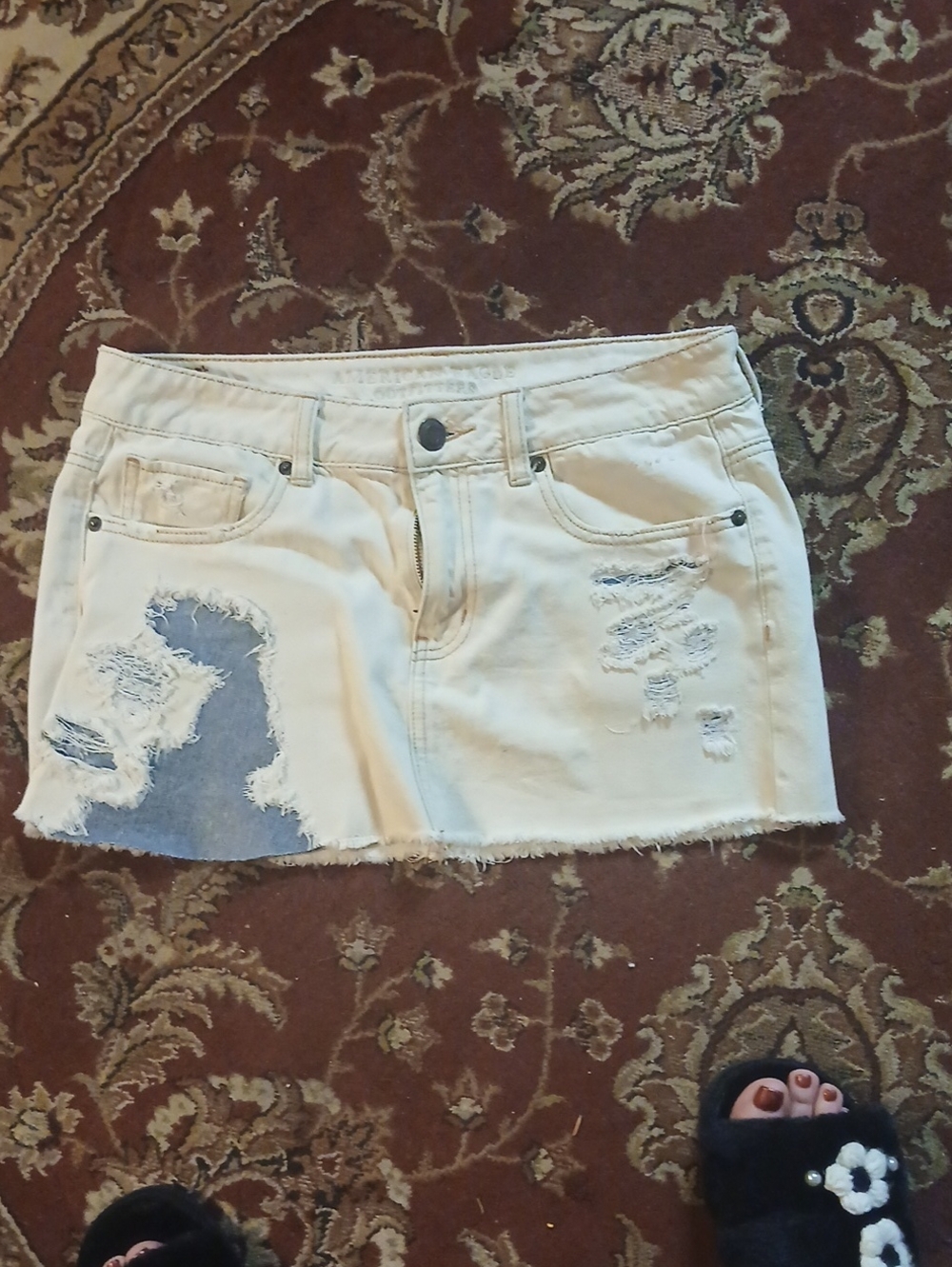 Cream Distressed Denim Mini Skirt